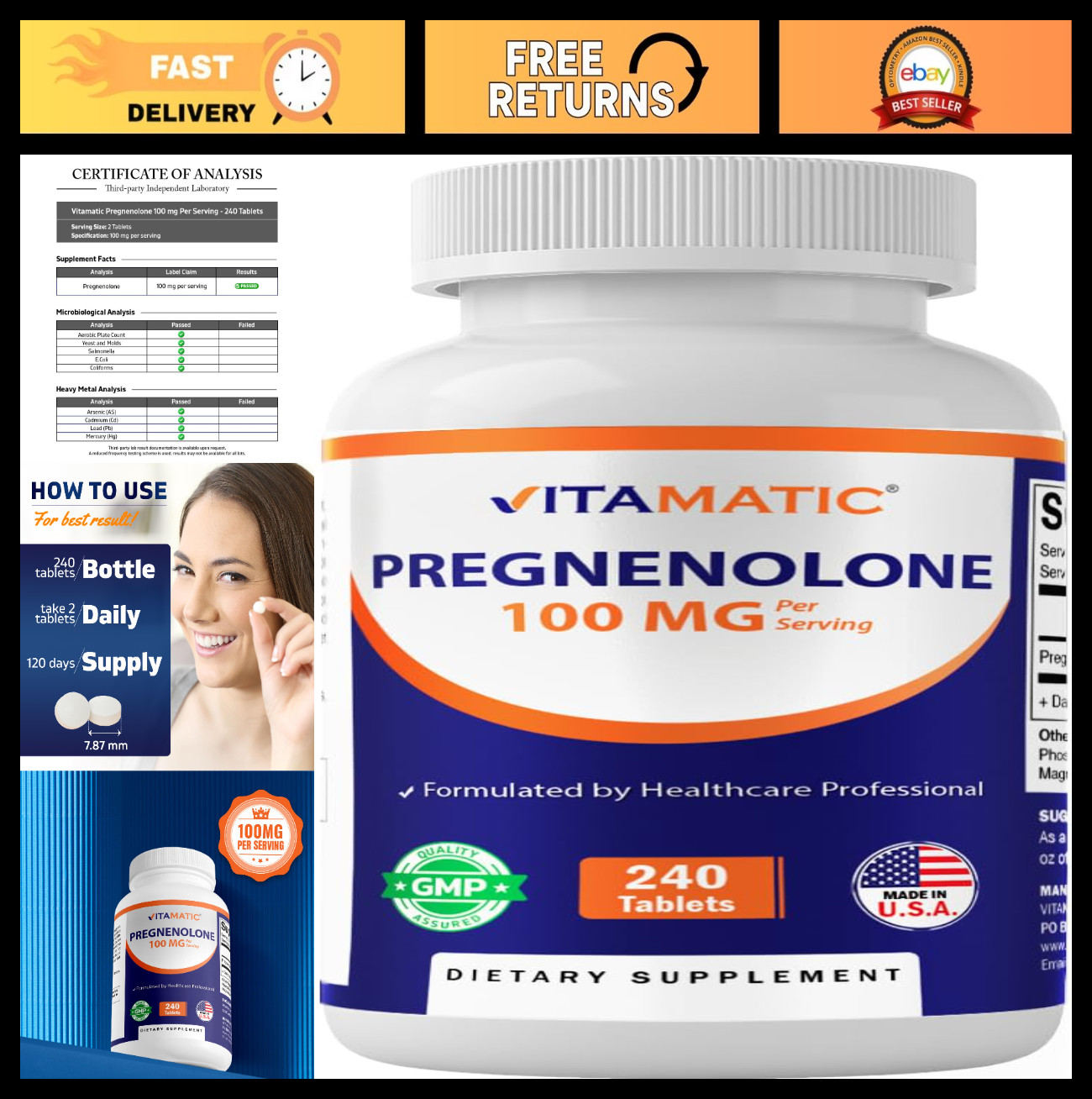 Pregnenolone 100mg – 240 Tablets, Non-GMO, Gluten-Free, Professional Formula, US