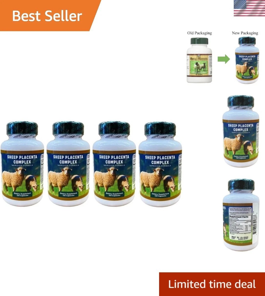 4-Pack Sheep Placenta Complex – 100 Capsules per Bottle for Skin Vitality