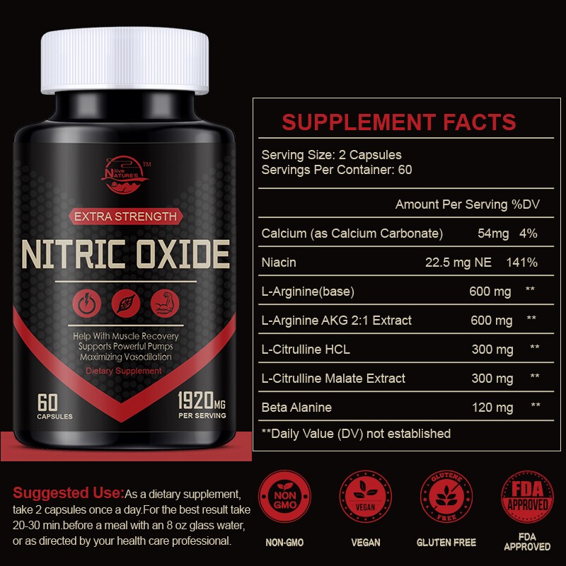 60 Nitric Oxide Booster Supplement w/ L-Arginine Premium Workout Muscle Capsule