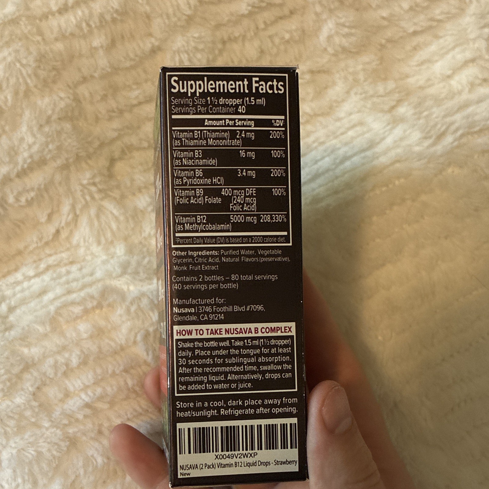 Nusava Vegan Vitamin B Complex Liquid Drops B12 5000mcg Strawberry 2x2oz