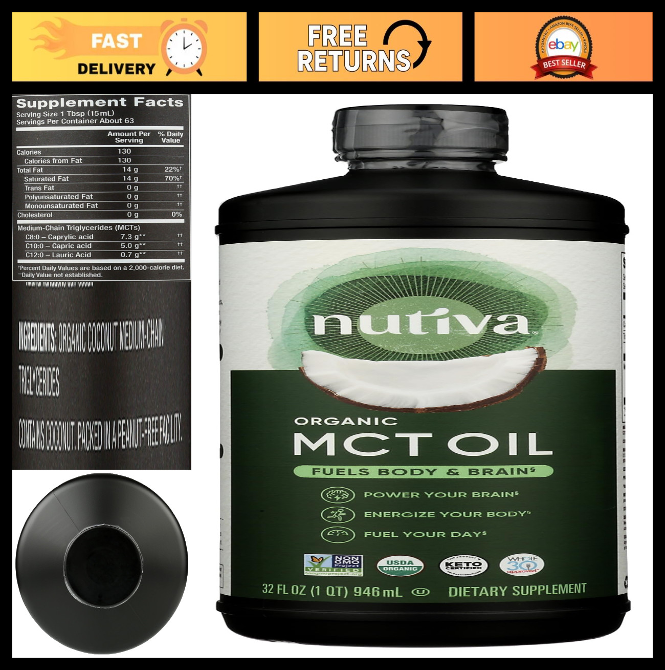 Organic MCT Oil 32 Oz – Unflavored, Non-GMO, Vegan, Keto, Gluten-Free, Energy Bo