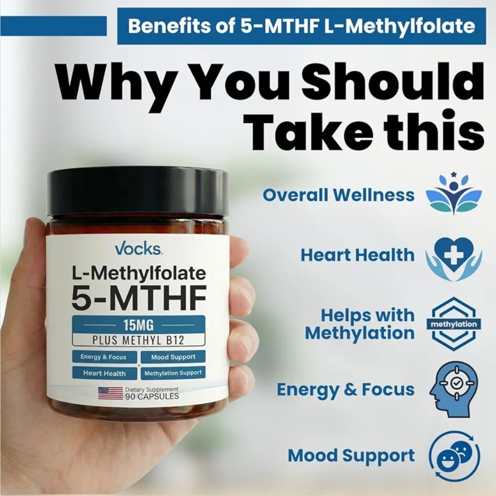 Vocks L-Methylfolate 15mg 5-MTHF + Methyl B12 High Potency Supplement 90 Capsule