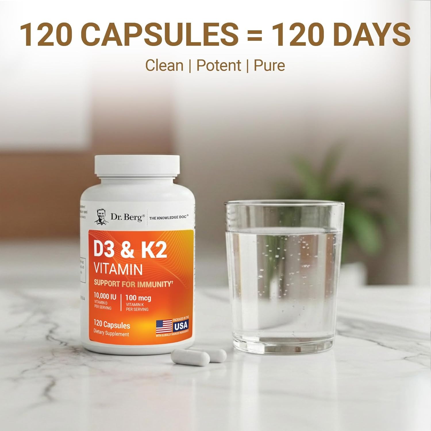 Dr. Berg D3 & K2 Vitamin Supplement – D3 K2 10,000 IU , 120 Capsules