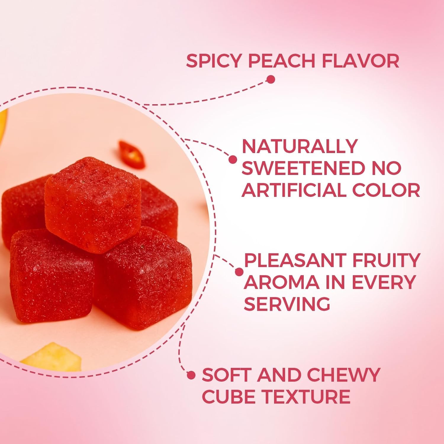Spicy Cubes Hot Peach Gummies With Chili Pepper, Maca Root And Muira Puama Gummy