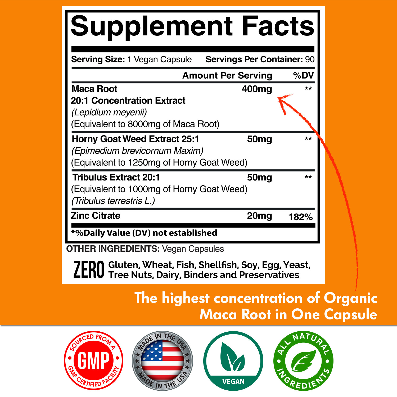Maca Root Capsules Organic 10270mg with Tribulus, Horny Goat Weed, Zinc – 90Caps