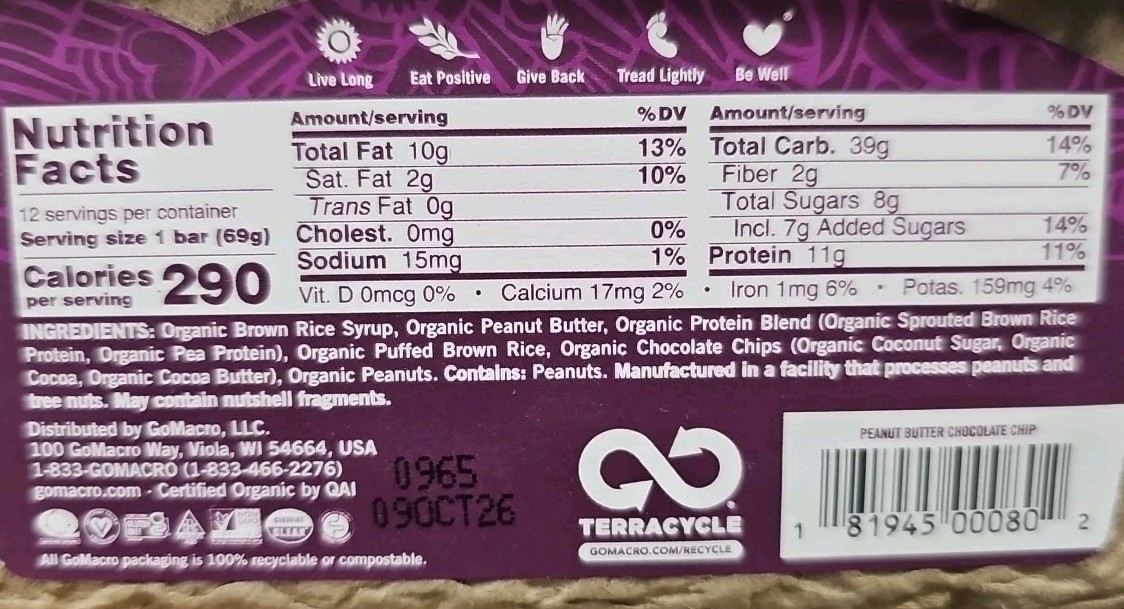 36 Bars GoMacro Peanut Butter Chocolate Chip Protein Bars EXP – 08/2026