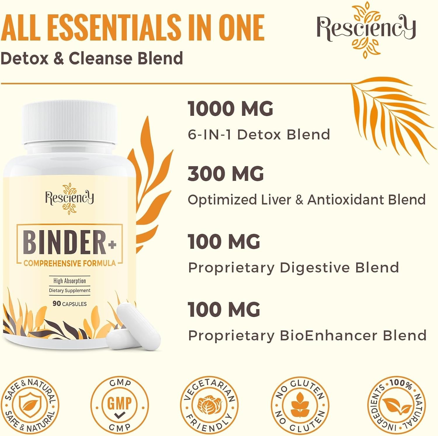 Detox Binder Supplement -Charcoal, Zeolite, Bentonite Clay, Milk Thistle -90 Veg