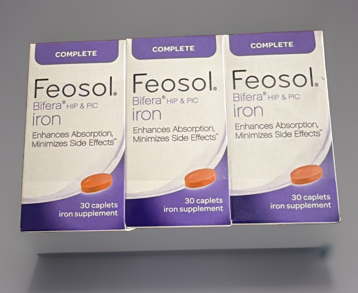 NIB 3 Pck Feosol Complete Bifera Hip & Pic Iron Supplement 30 Caplets Each 10/26