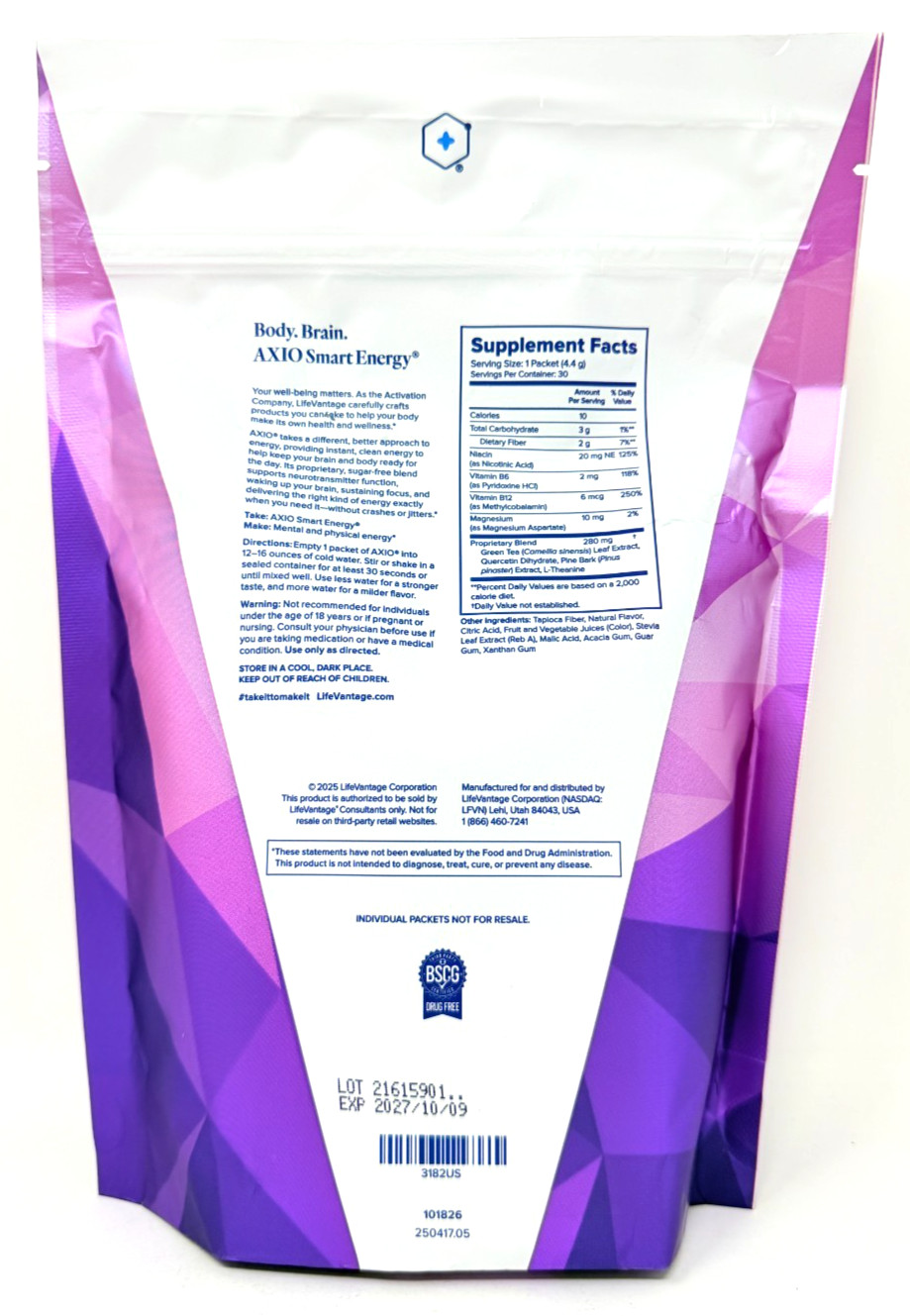 AXIO Decaf Smart Energy for Brain & Body: Purple Grape 30 Packets – EXP 10/2027