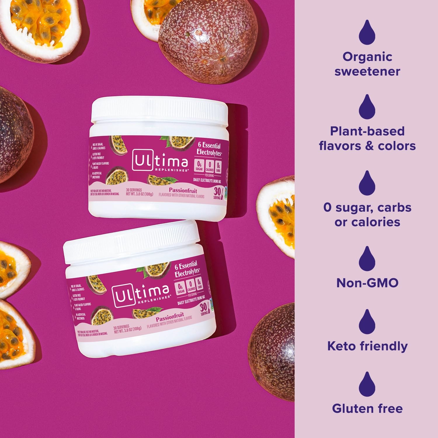 Ultima Replenisher Daily Electrolyte Powder Drink Mix – Passionfruit, 30 Serv…