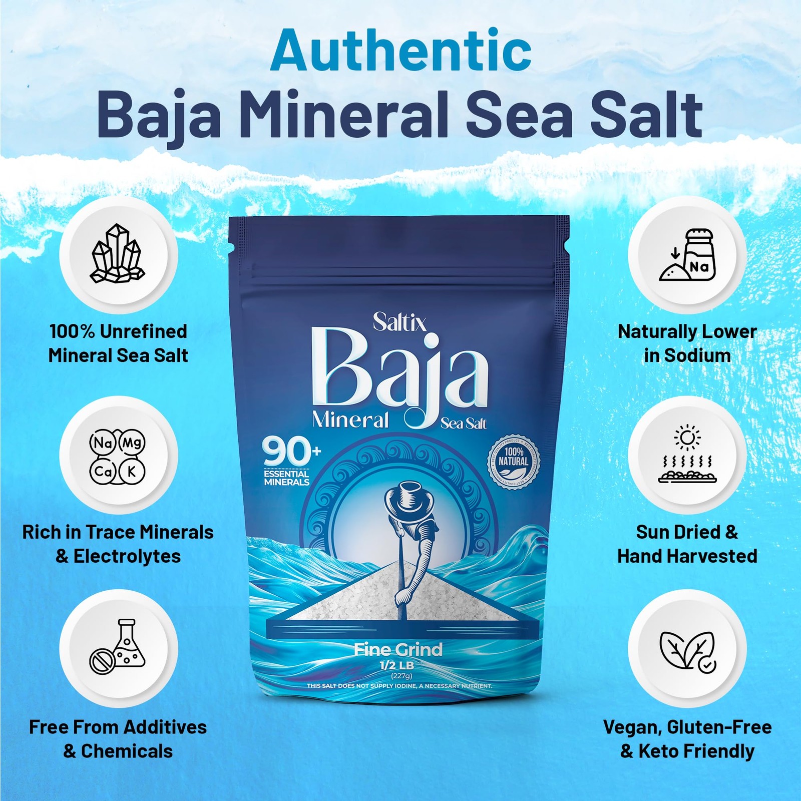 Saltix Baja Mineral Sea Salt – Fine Grind 8 oz (1/2 lb) 160+ Servings – 1…