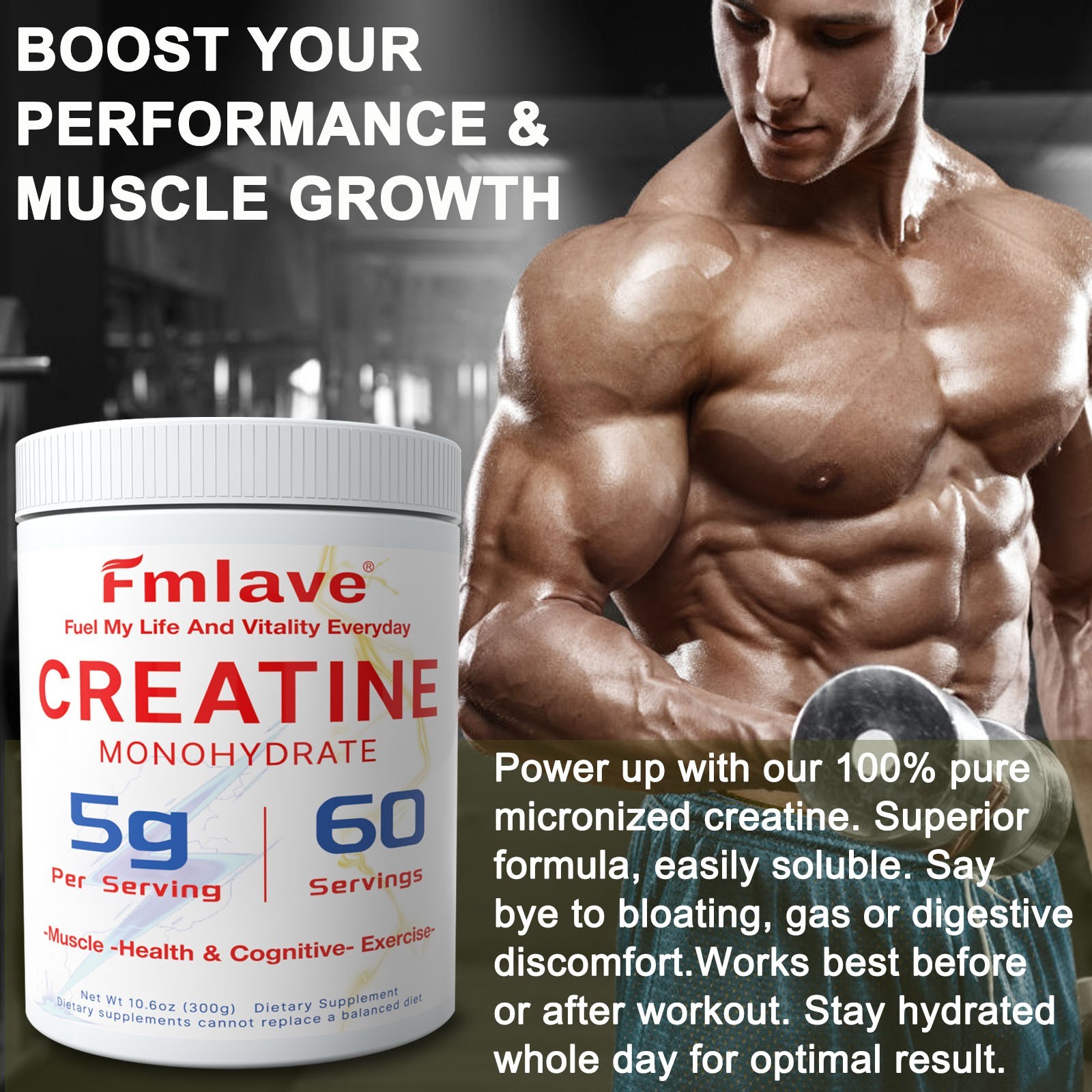 Micronized Creatine Monohydrate Powder 300g, 60 Servings, Unflavored, Non-GMO