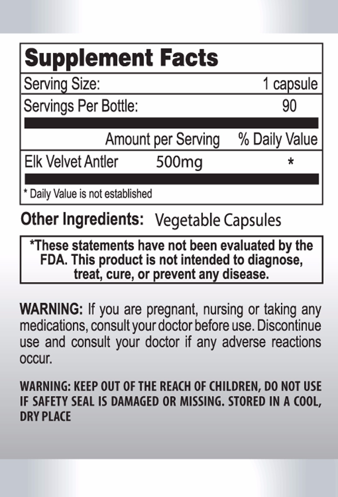 Elk Velvet Antler 500mg. Extra Strength. Energy (1 Bottle, 90 Capsules)