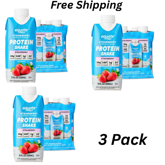 Equate High Performance Protein Shake, Strawberry, 11 fl oz, 12 Ct New 3 Pack