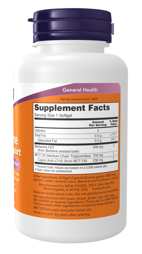 NOW Foods Berberine Glucose Metabolism Support 90 gels 400mg MCT C10 FRESH 5/25