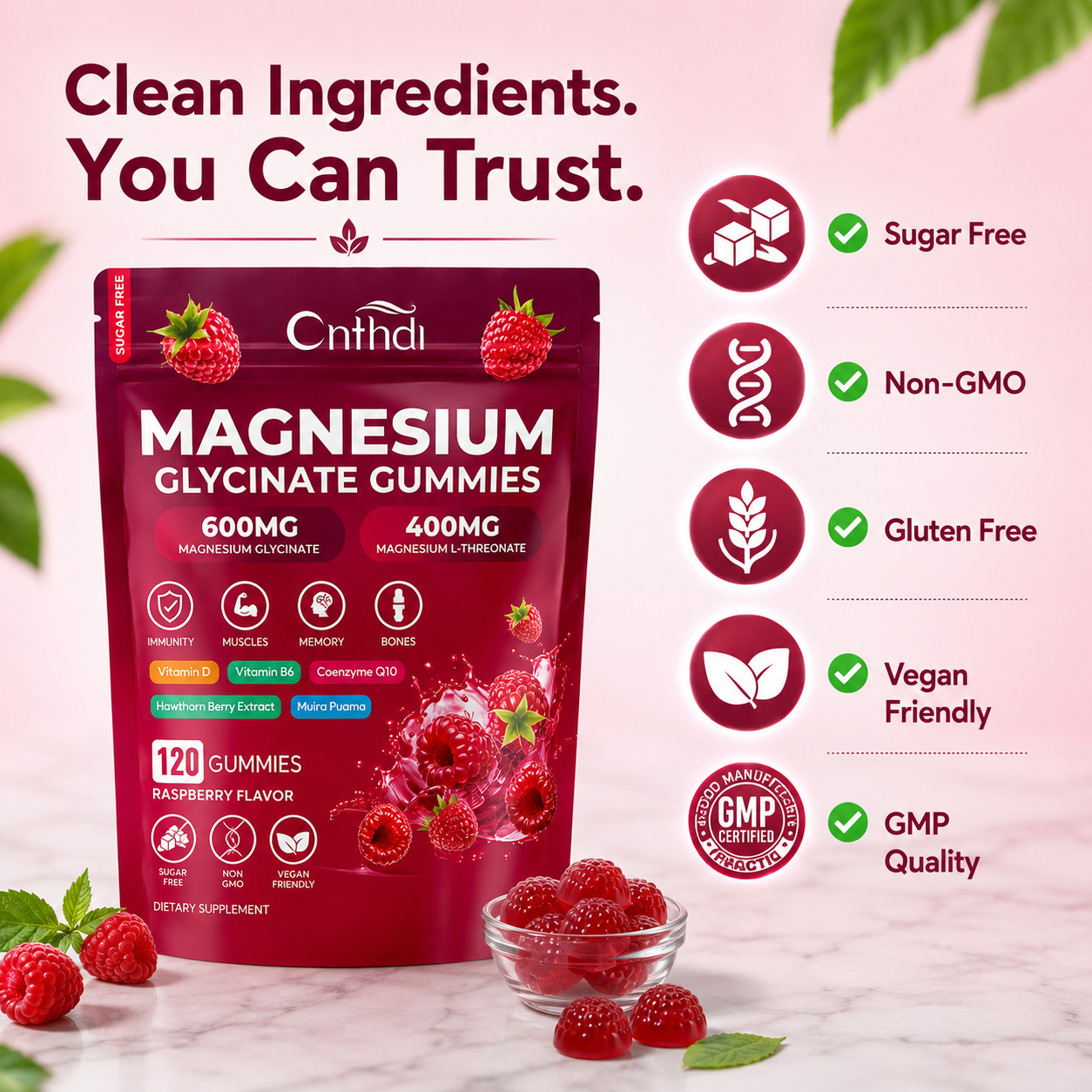 Magnesium Glycinate Gummies 600mg + L-Threonate 400mg Sugar Free 120 Count