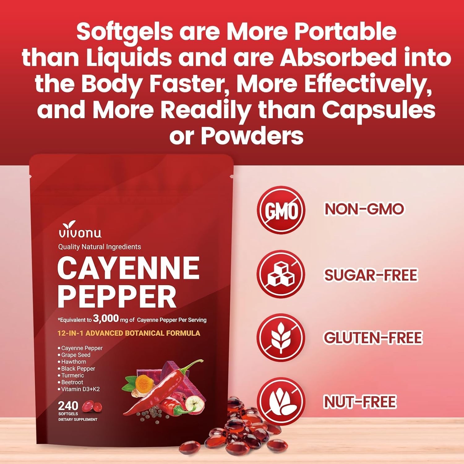 VivoNu Cayenne Pepper Softgels Supplement, Heart and Blood Vessel Wellness