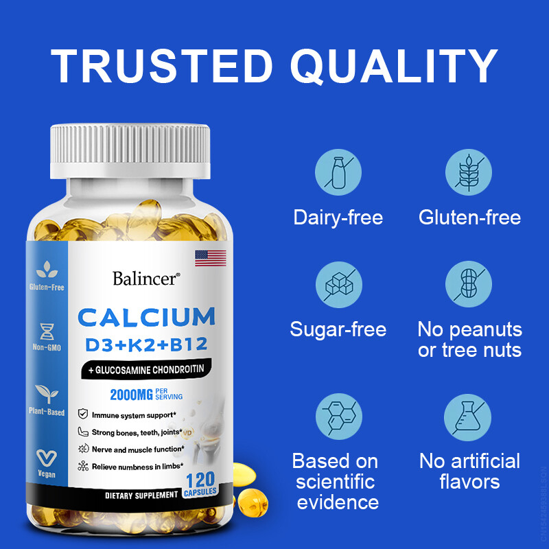 Calcium Capsules w/ D3+K2+B12,Heart & Muscle Support,Nerver & Immune Support