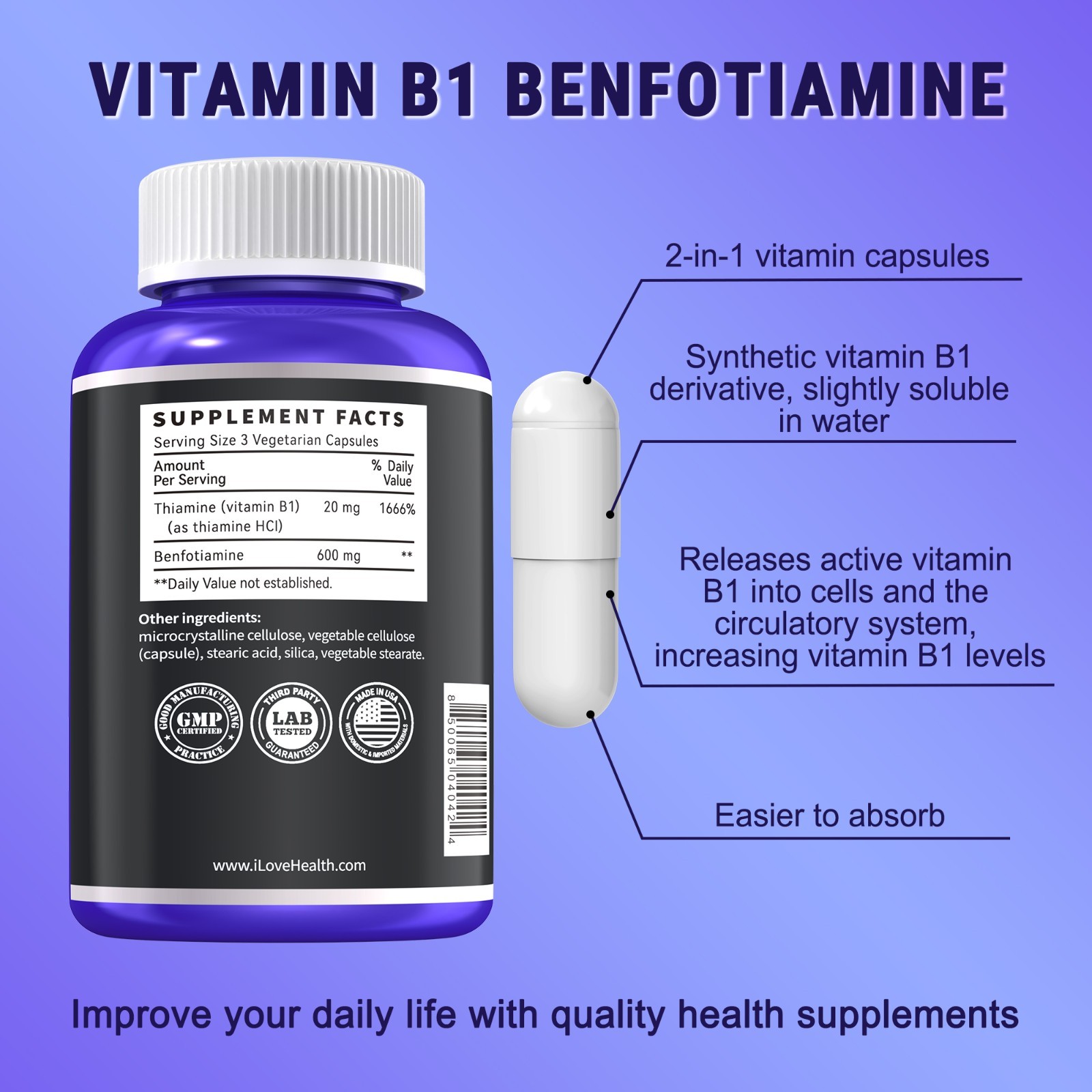 Benfotiamine B1 600mg Supplement – Nerve & Nail Support, 360 Vegan Capsules