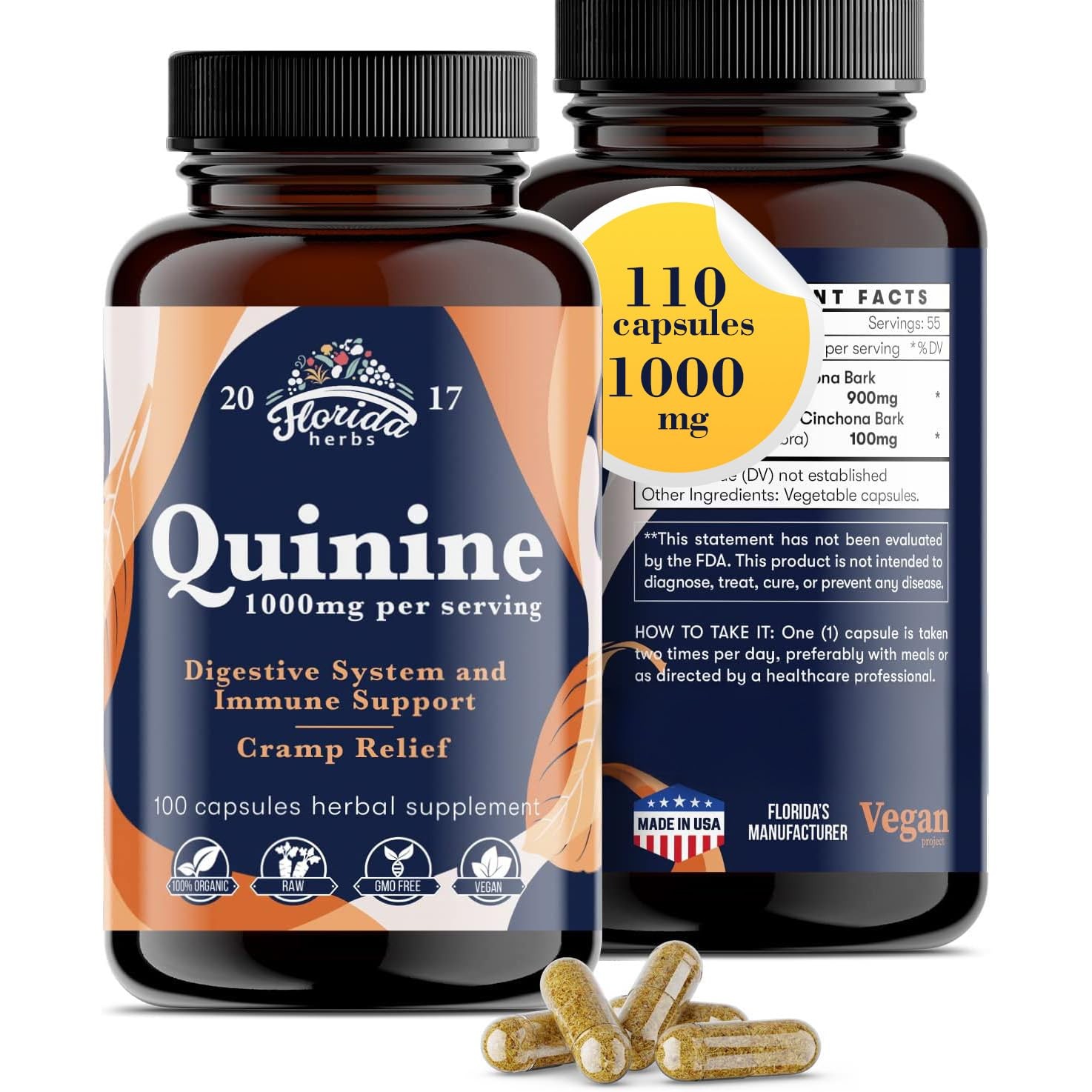 FLORIDA HERBS Quinine for Leg Cramps 1000 mg 110 Capsules Cinchona 100 Count