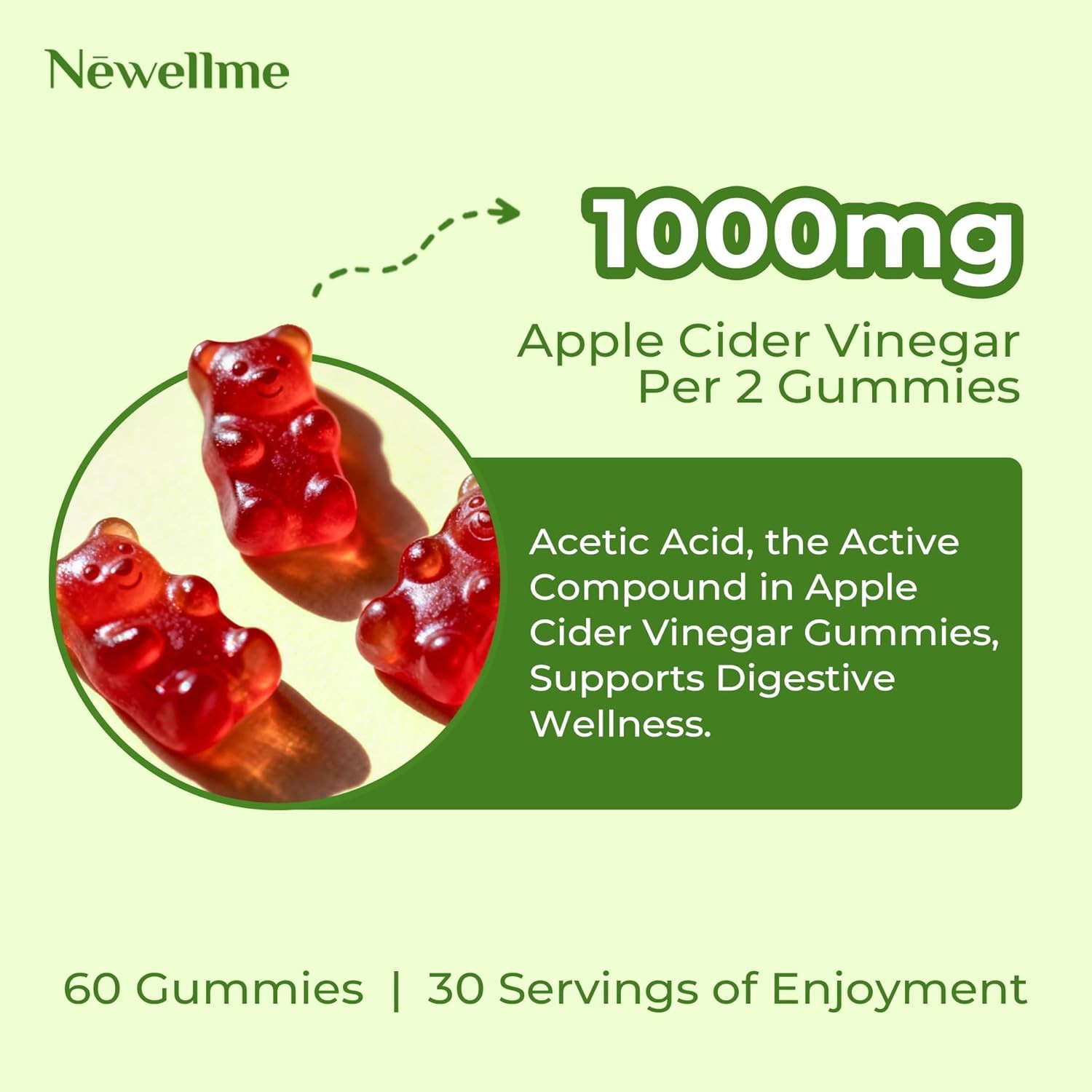 NEWELLME Sugar-Free Apple Cider Vinegar Gummies for Metabolism – 1000mg ACV