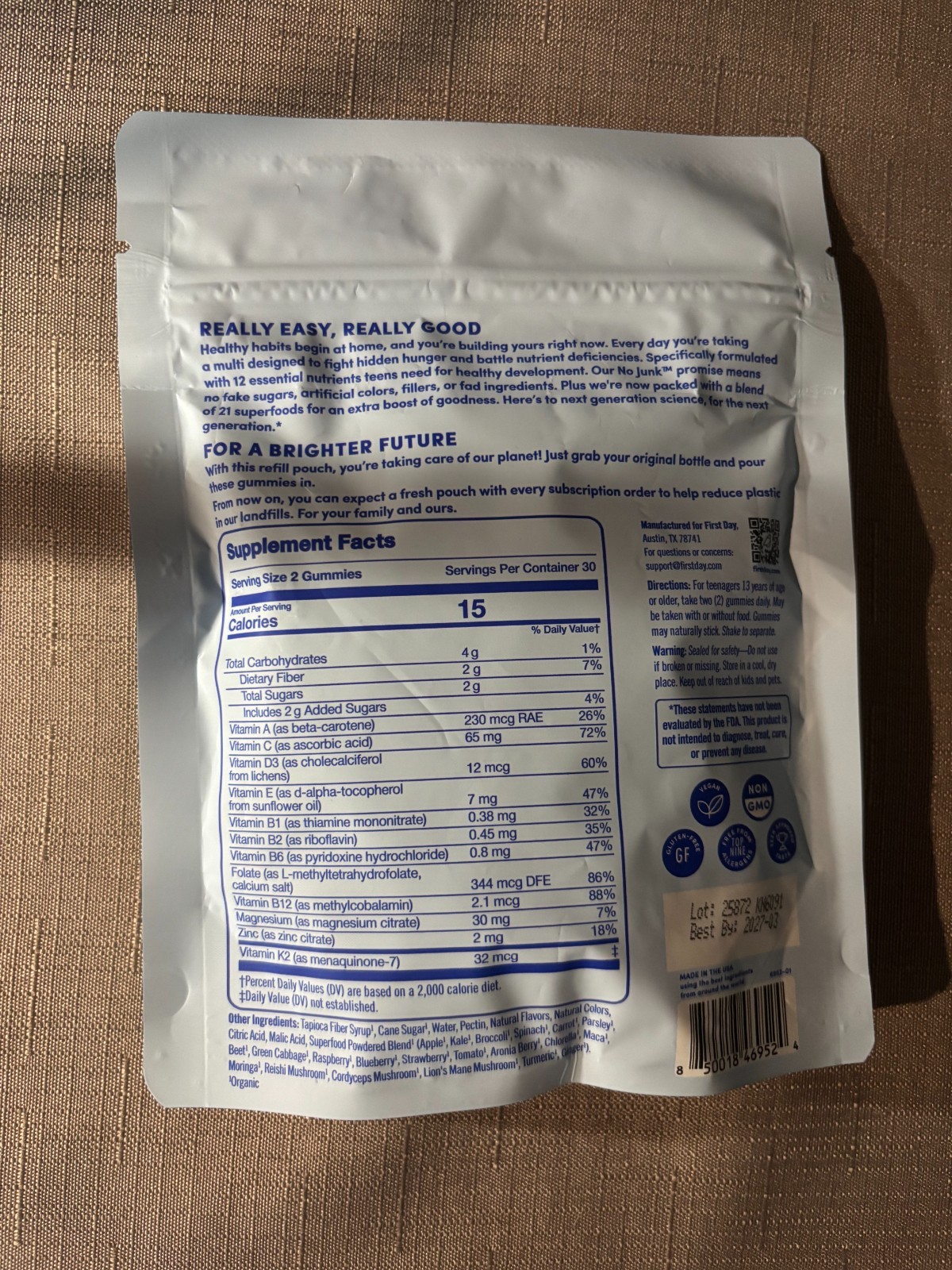 First Day TEENS The Multi 60 gummies Refill Bag SEALED Non Gmo USA Exp 03/2027