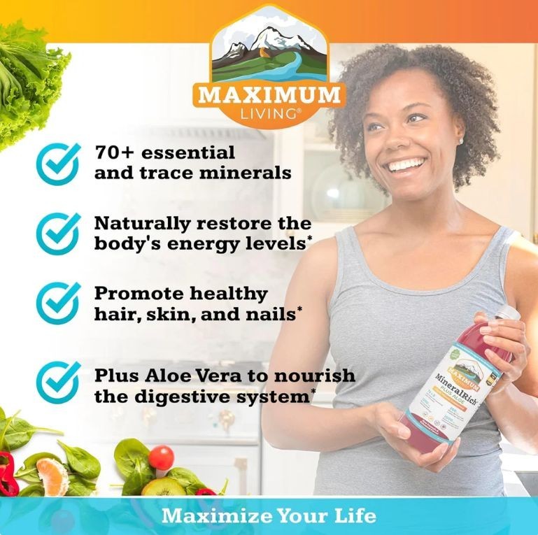2 BOTTLES MAXIMUM LIVING MINERALRICH PLUS ALOE LIQUID MINERAL RICH. 64 OZ. TOTAL