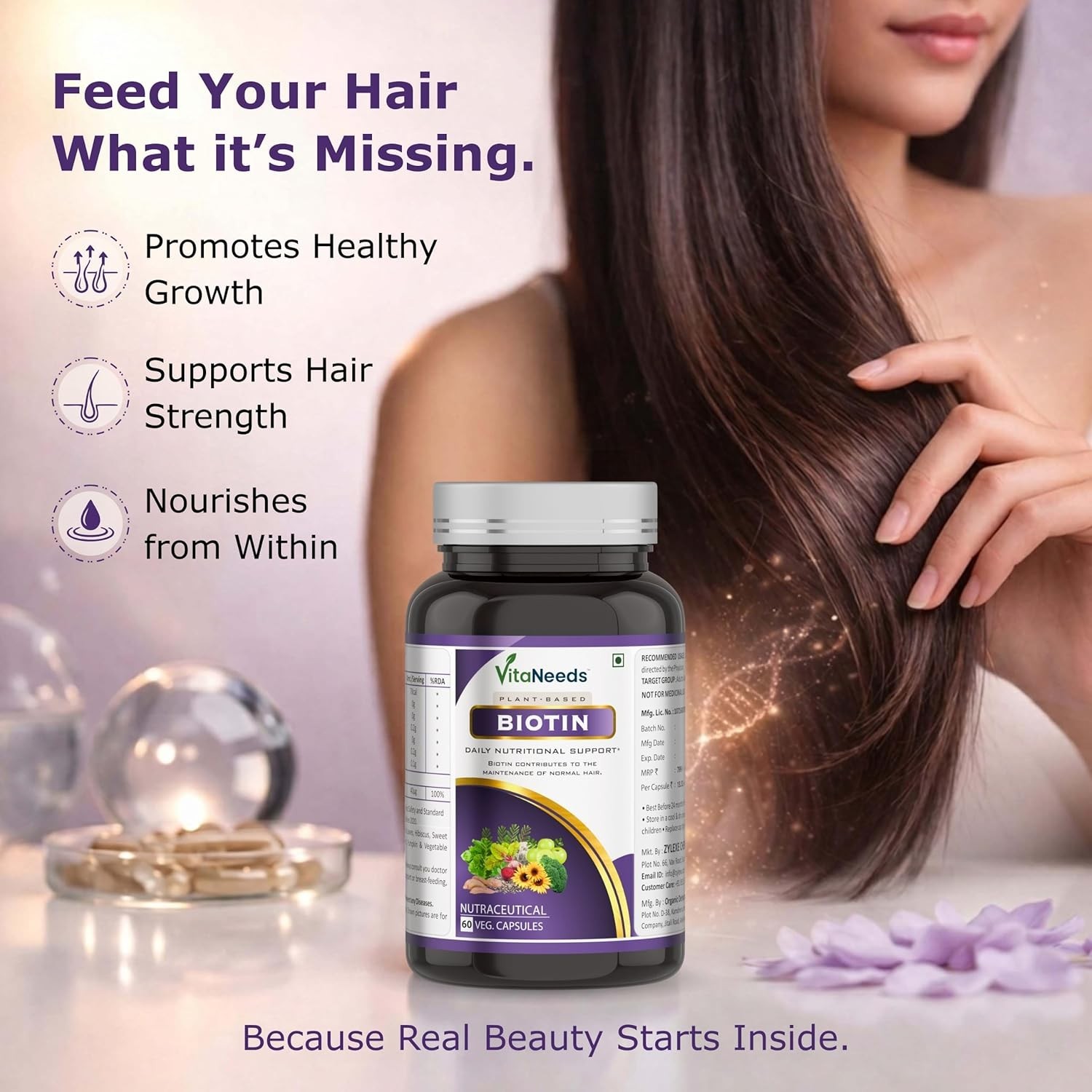 5 Pack VITA.NEEDS Biotin 60 Veg Caps Plant Based