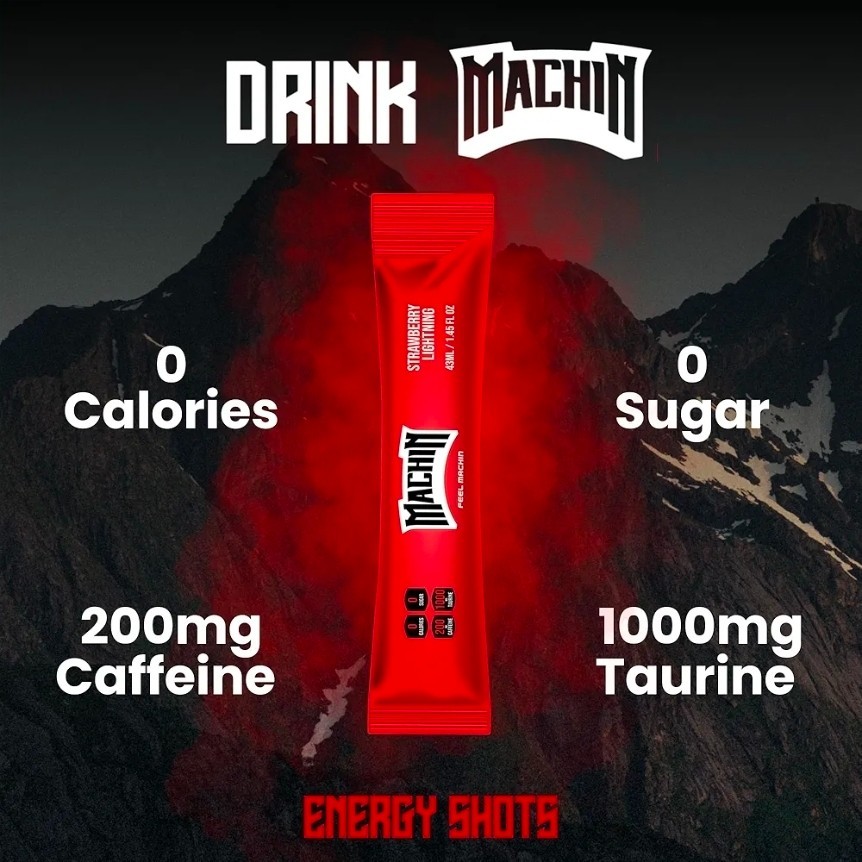 20 Pack MACHIN Ready to Drink Energy Shot Pouches (Strawberry Lightning) 1.45oz