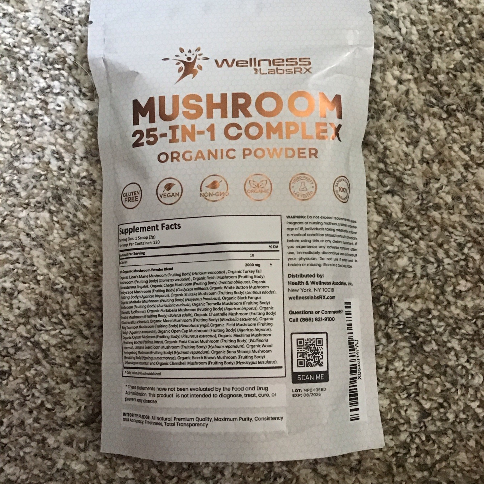 WELLNESS LABSRX Mushroom Powder, 25 in 1 Mushrooms Supplement – 2000mg. 01/2028
