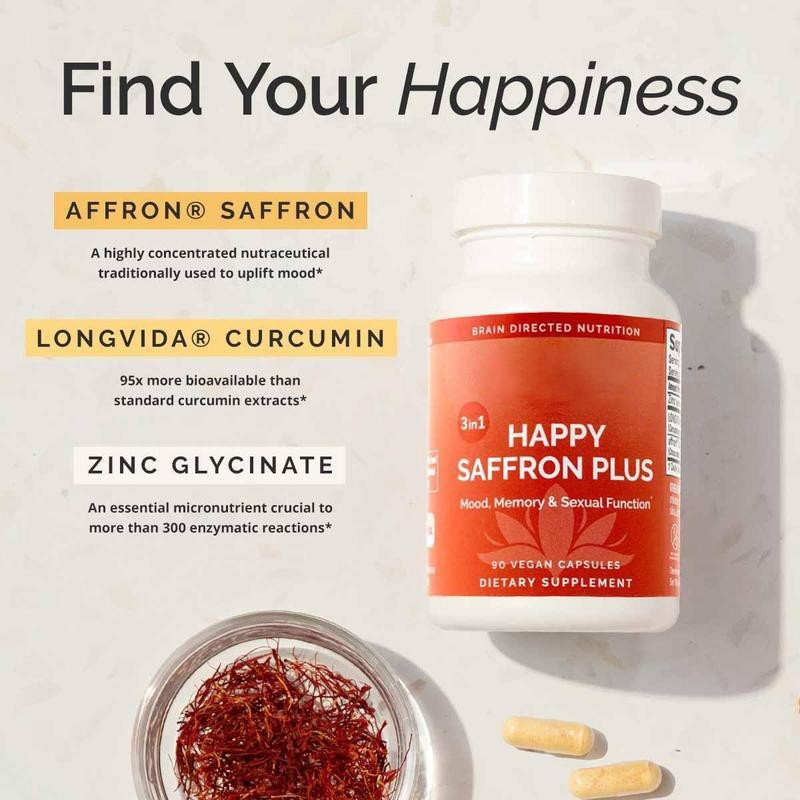 1-3X Happy Saffron Plus, 90 Vegan Capsules with Saffron Extract, Curcumin Zinc &