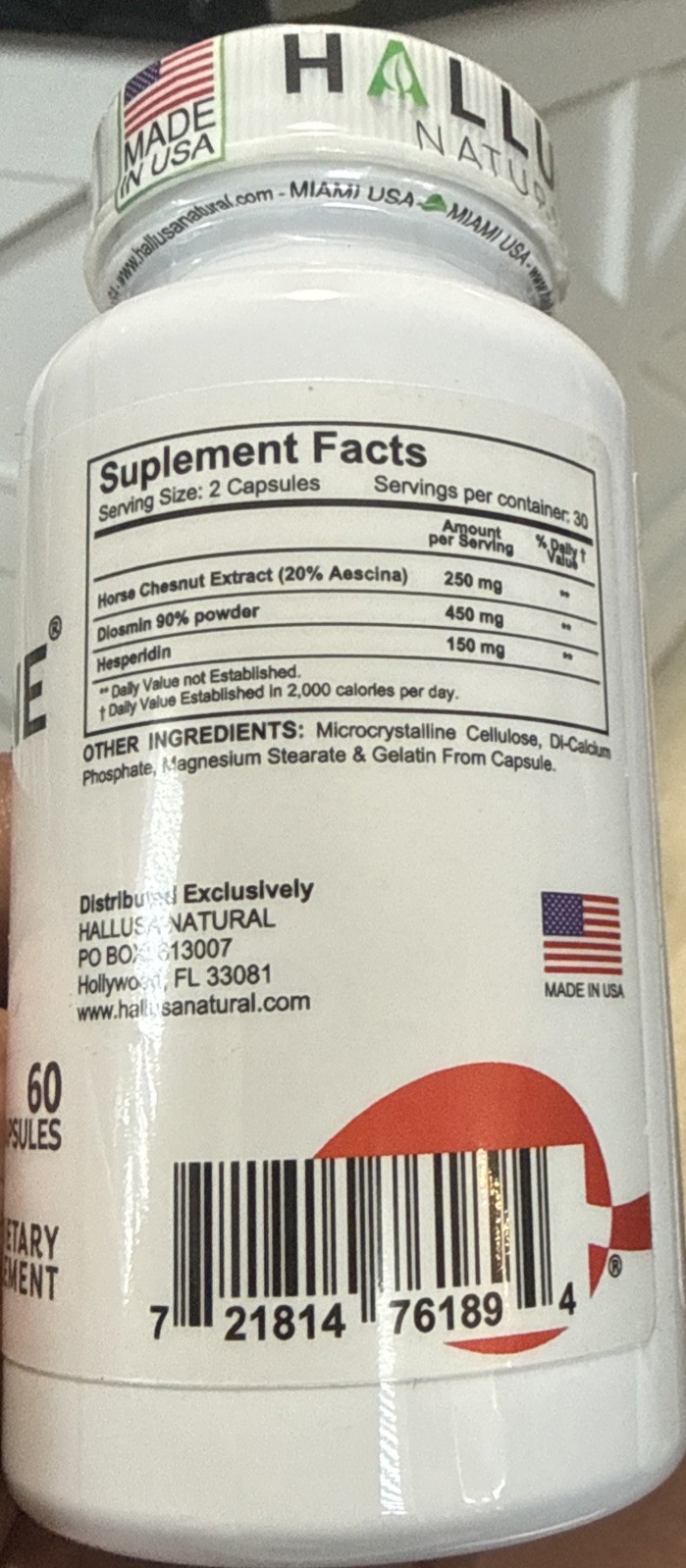 Hallusa Natural Hallosmine Xtra 850mg Diosmin Hesperidin Horse Chesnut, 60 Count