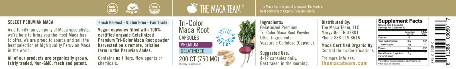 Gelatinized Premium Maca Root Capsules – Certified Organic, Fair Trade, Non-GMO