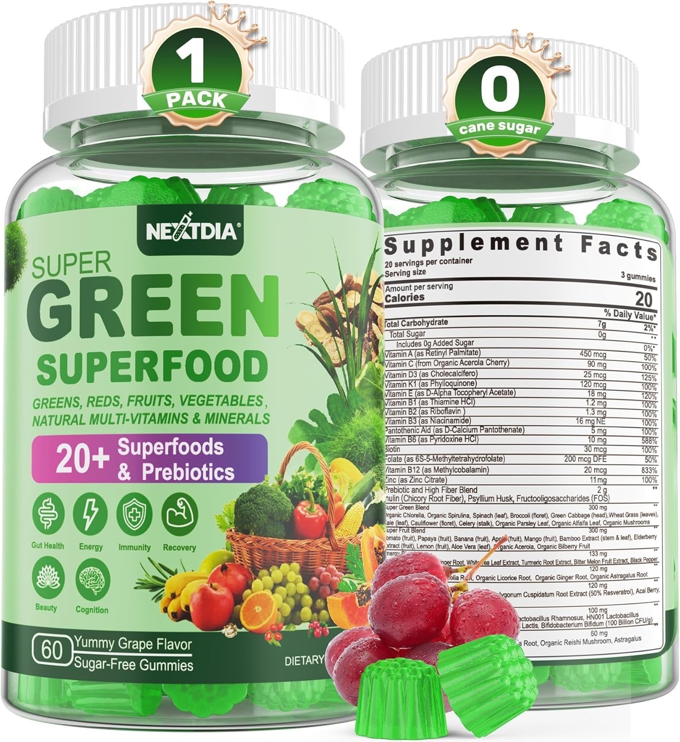 Super Greens Gummies Greens Superfood Powder Alternative w/Spirulina Chlorell…