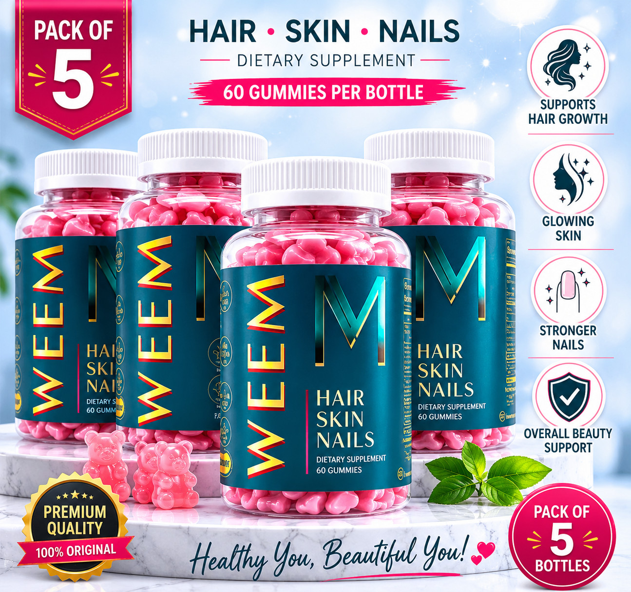 5 pack of WEEM Hair Skin and Nails Gummies, Vegan biotin Vitamins, Healthy Hair