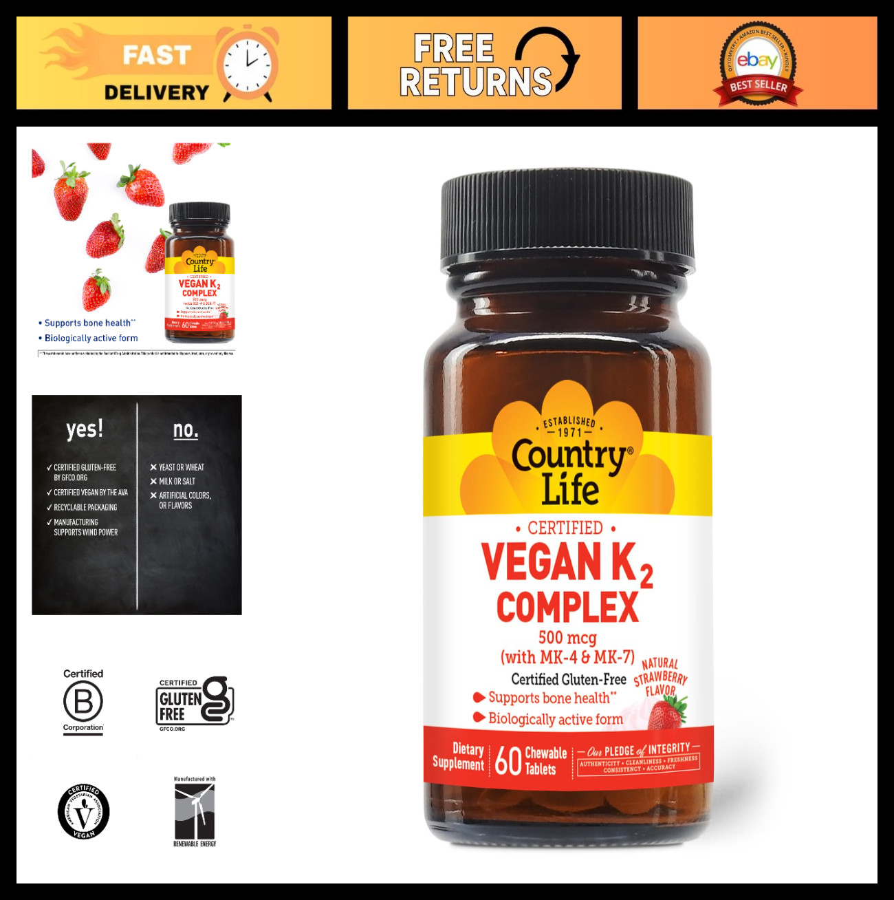 Vegan K2 500 mcg Chewable Tablets – 60 Count, Strawberry Flavor, Gluten-Free, Bo