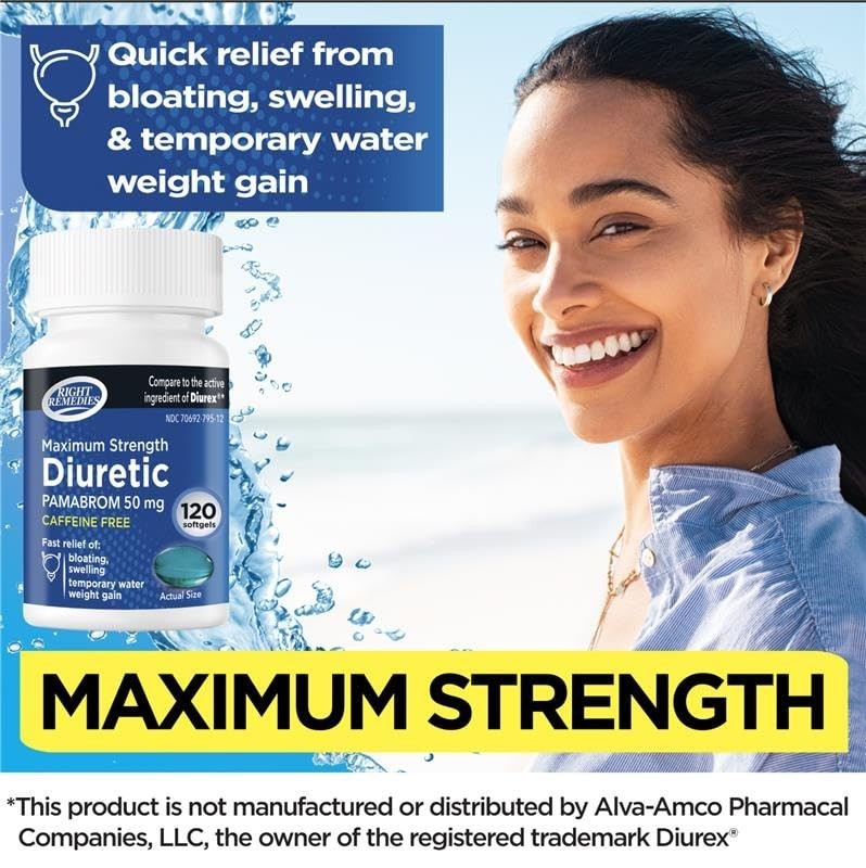 Caffeine-Free Diuretic Softgels, 120 Count, Pamabrom 50mg for Water Weight Relie