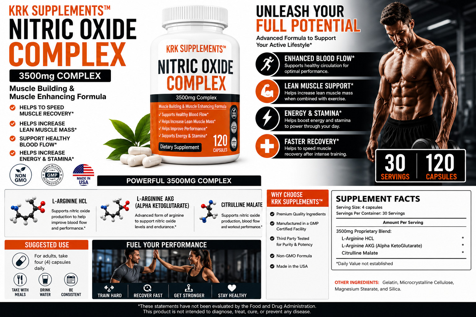 1 btl Nitric Oxide Complex 3500mg L-Arginine AAKG Muscle Pump Growth Pills
