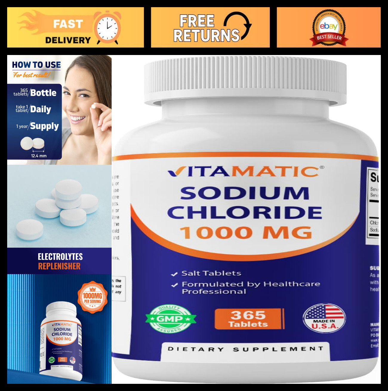 Sodium Chloride 1000mg – 365 Tablets Electrolyte Replenisher, Hydration Support,