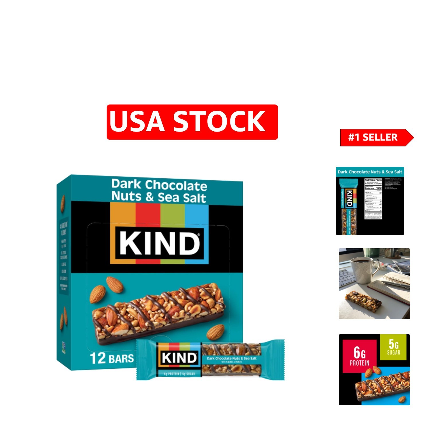 12 Count Gluten-Free Snack Bars with Dark Chocolate, Nuts & Sea Salt, 6g Protein