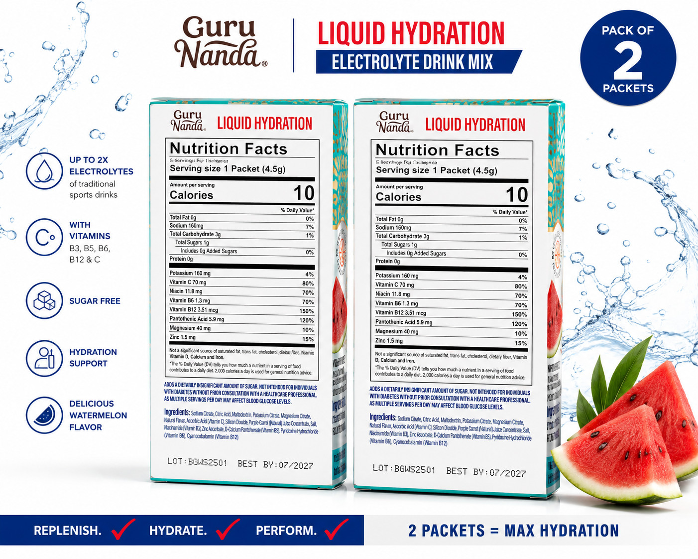 Guru Nanda Liquid Hydration Electrolyte Drink Mix – Watermelon (2 boxes)