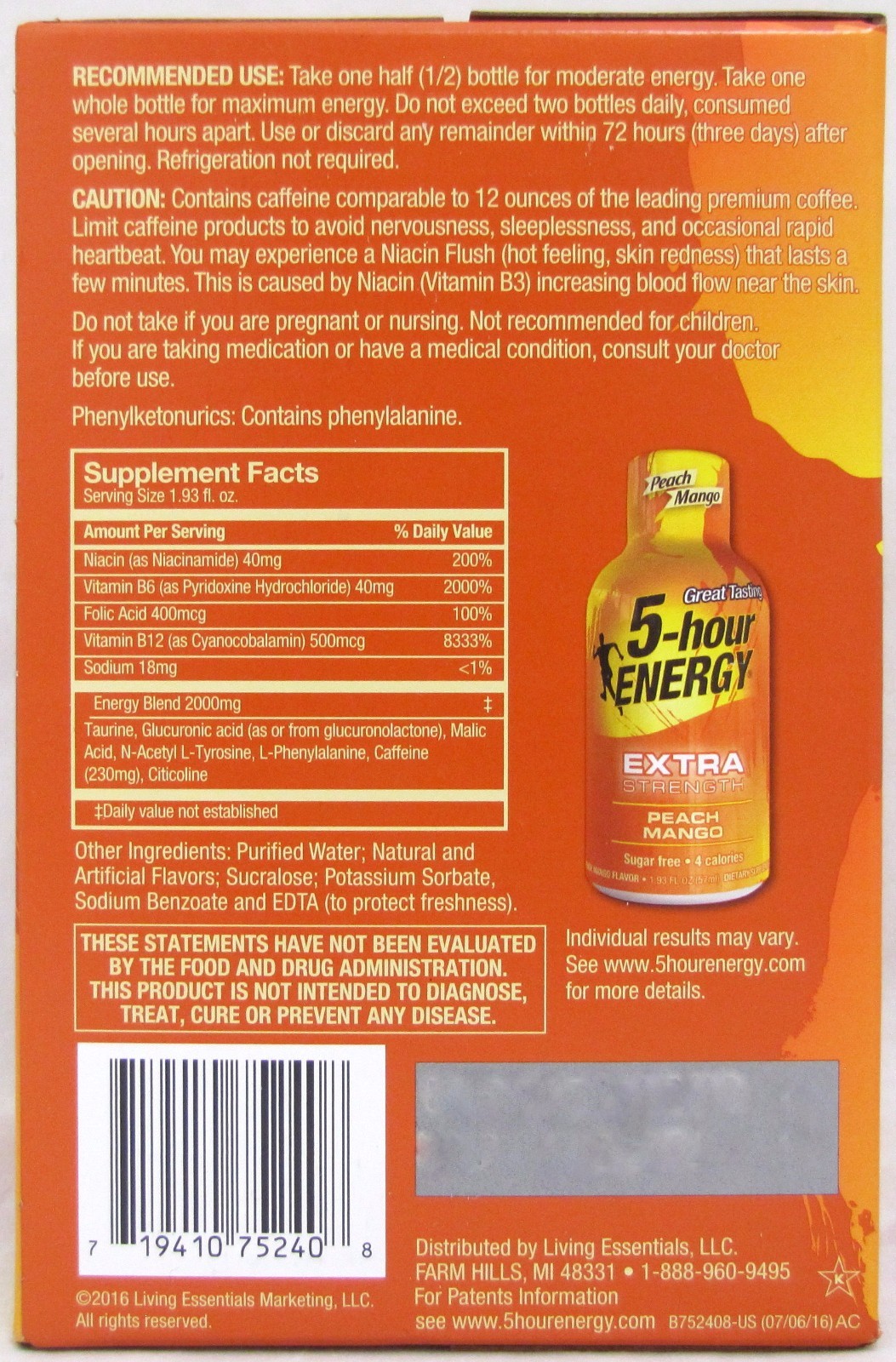 5 Hour Energy Shot Peach Mango Extra Strength 24 Ct Box 1.93 oz Bottles Five Hr