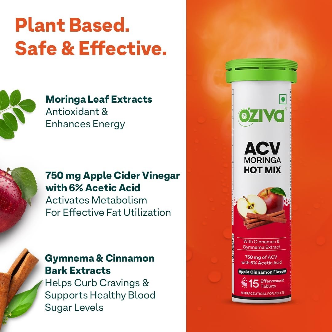OZiva ACV Moringa Tablets Effervescent Apple Cinnamon 30 Tablets 2 Pack