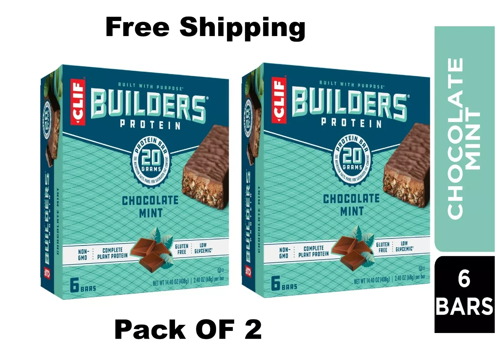 CLIF Builders -Chocolate Mint Flavor -Plant Based Protein Bars 2.4 oz Pack of 2