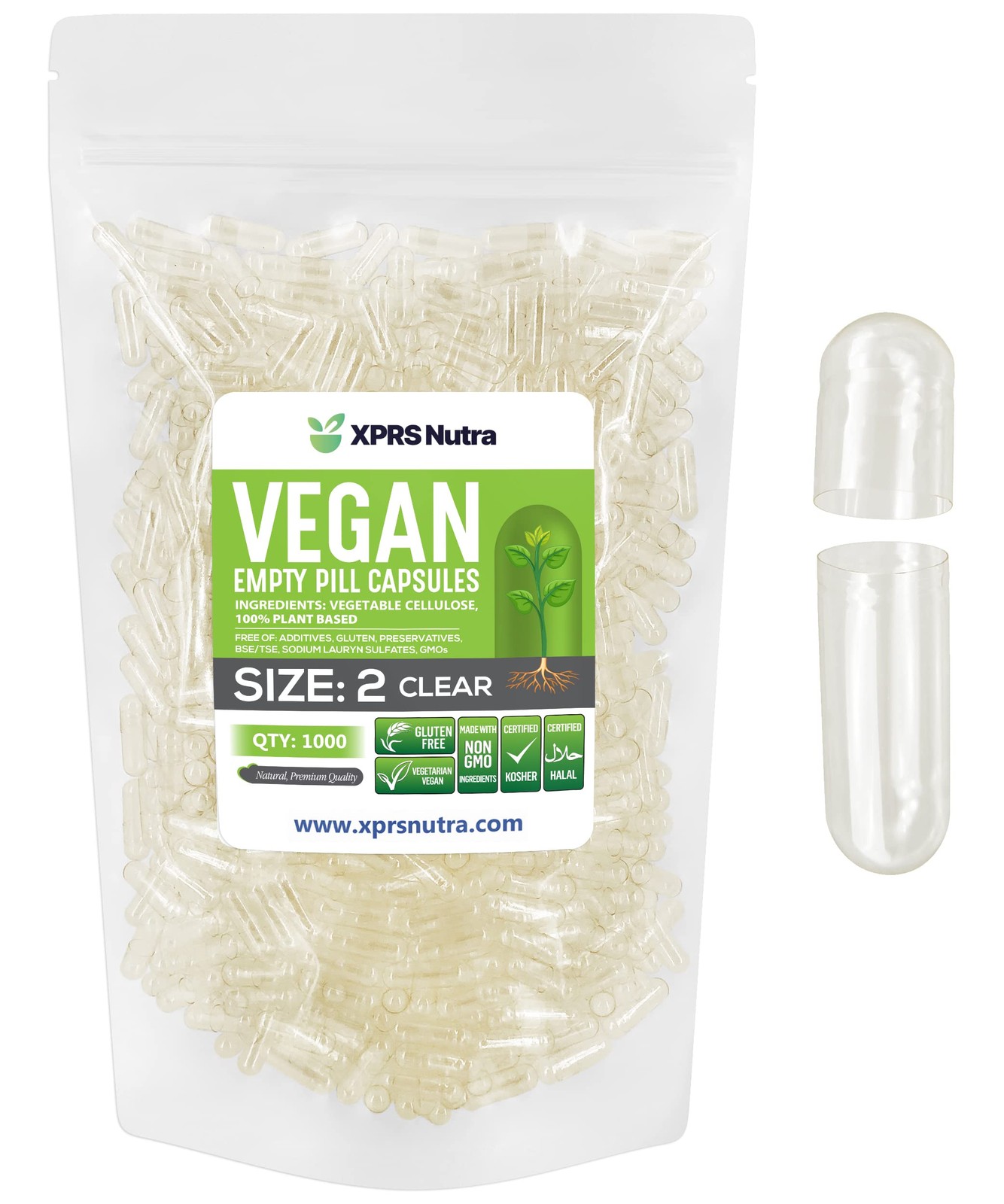 Xprs Nutra Size 2 Empty Capsules – 1000 Clear Empty Vegan Capsules – Vegetarian