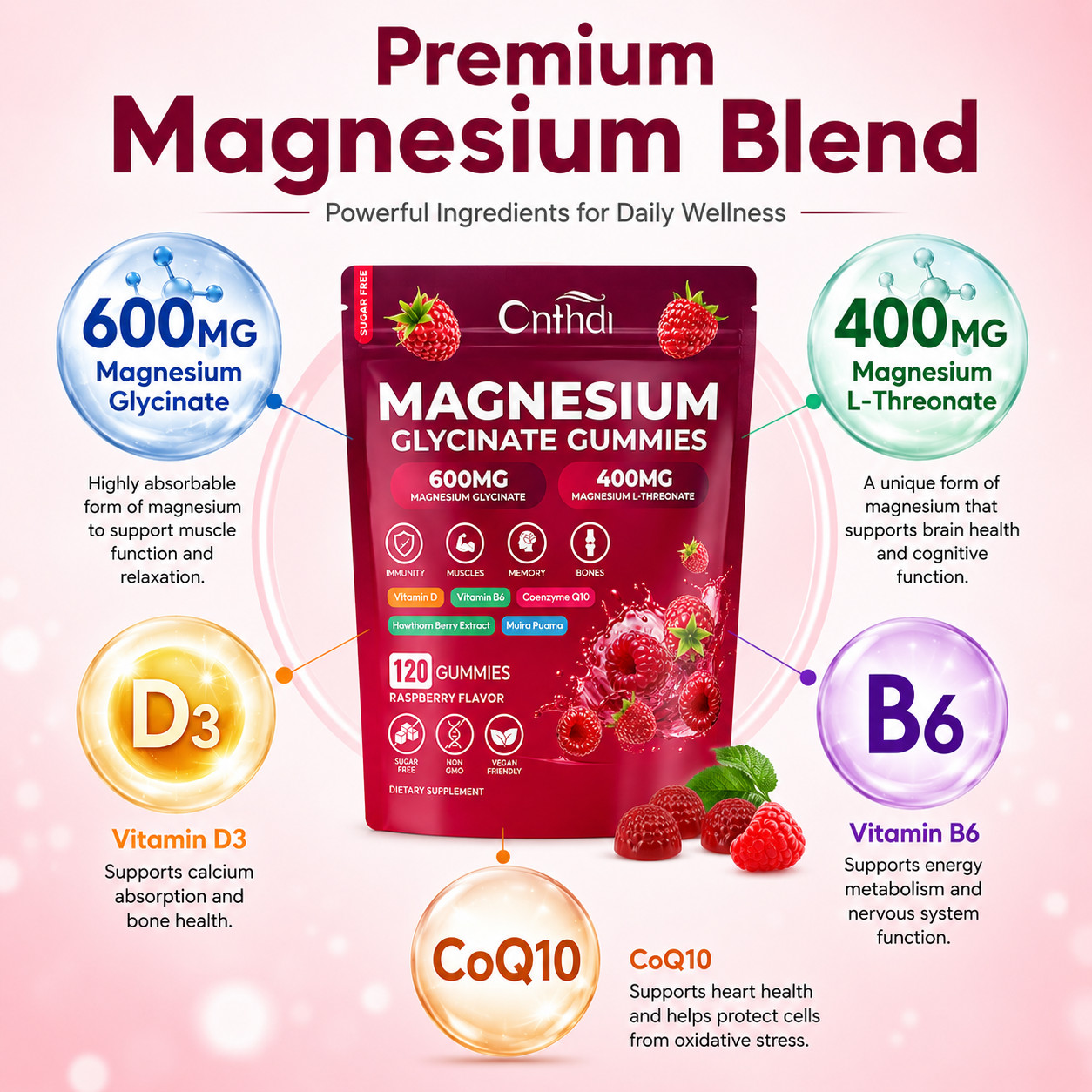 Magnesium Glycinate Gummies 600mg + L-Threonate 400mg Sugar Free 120 Count