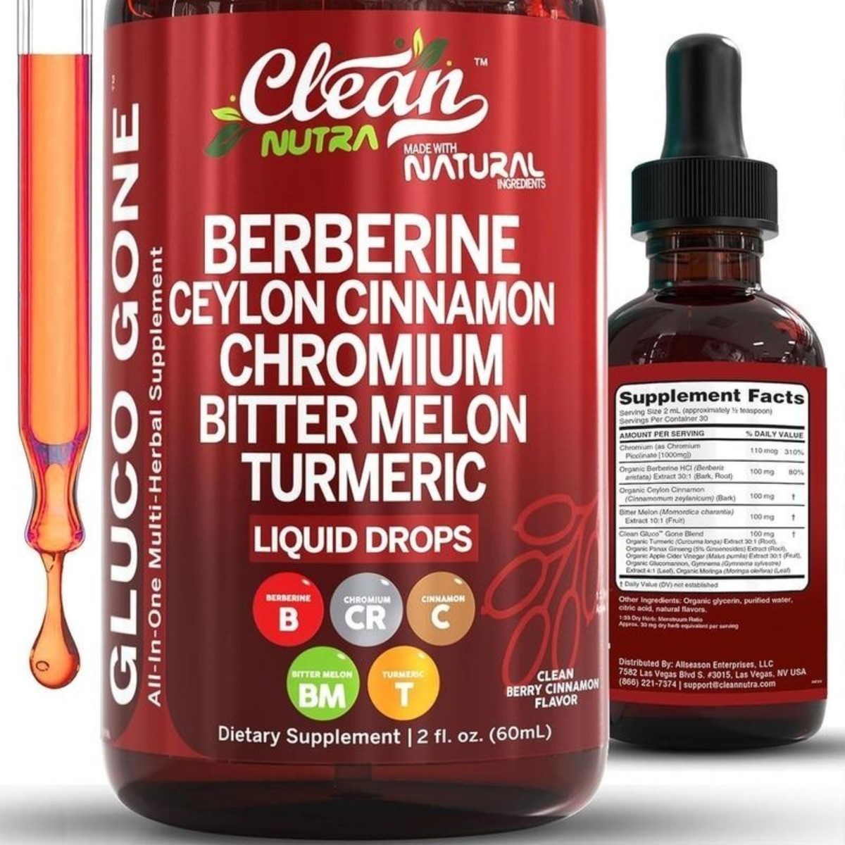 Clean Nutra Gluco Gone Liquid, Berry Cinnamon Flavor Easy Mix Daily Wellness