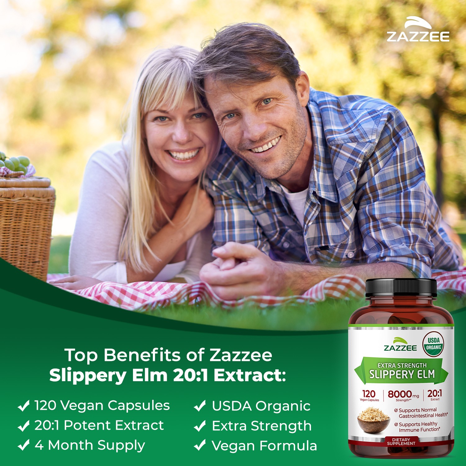 USDA Organic Slippery Elm Bark 20:1 Extract, 8000 mg Strength 120 Vegan Capsules