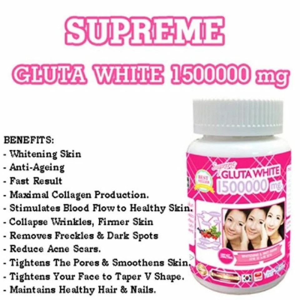 Supreme Gluta White 1500000 Glutathione Pill Capsule Skin Whitening Anti Aging