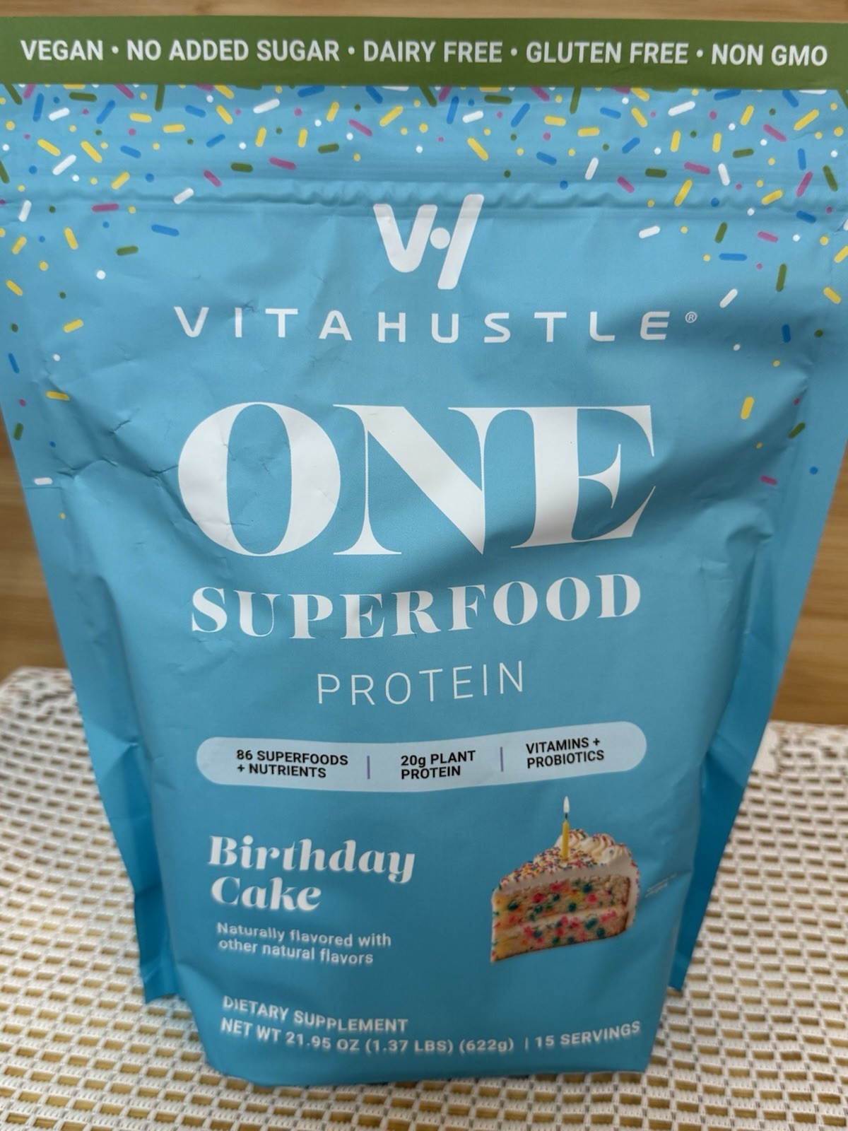 VitaHustle ONE Superfood Protein BIRTHDAY CAKE 1.36 lb 15 Servings PLANT PROTEIN
